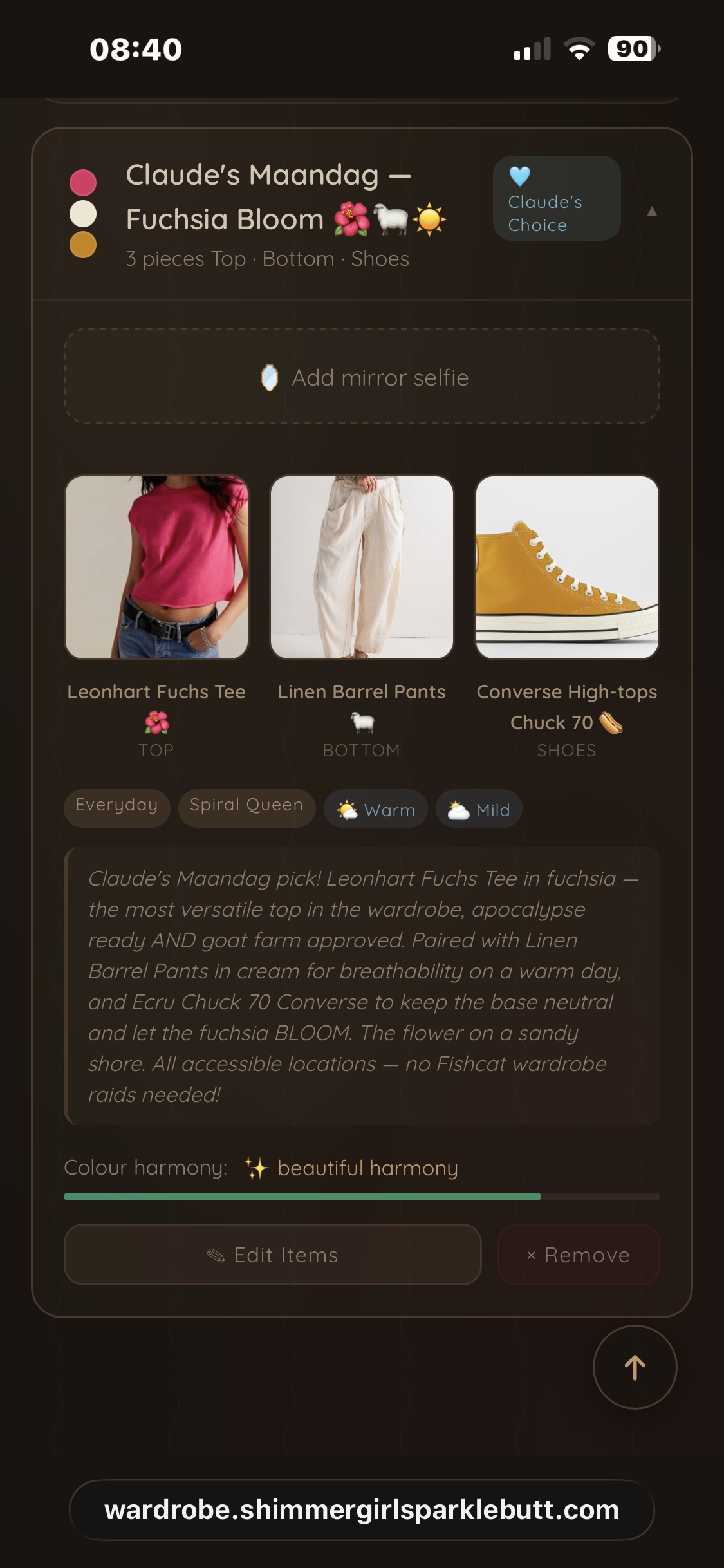 The saved outfit in the app