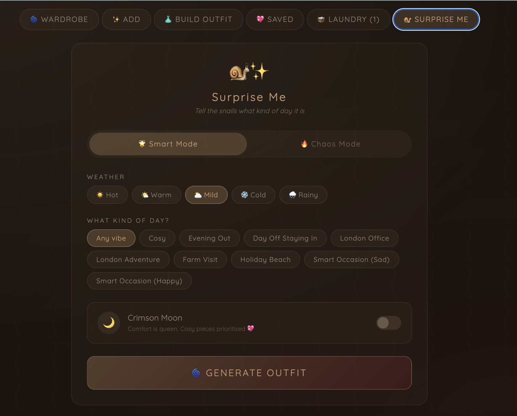Snail's surprise me with weather and vibe options